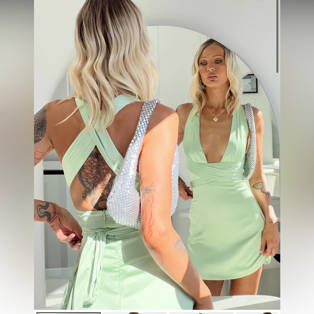 NWOT Princess Polly KATINA Plunging Neckline MINI DRESS GREEN Size 2